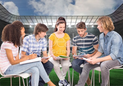 Students Studying against a Sport Stadium background