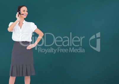 Travel agent speaking with her headset against a green background