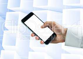 Composite image of Hand holding a mobile phone against a digital interface
