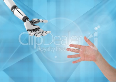 Composite image of robot Hand Helping human hand against blue background