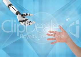 Composite image of robot Hand Helping human hand against blue background