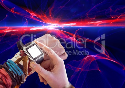 Composite image of Hand adjusting Smart Watch against light effects