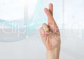 Composite image of crossed fingers against white background