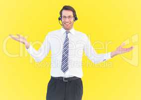 Composite image of Travel agent opening his arms against yellow background