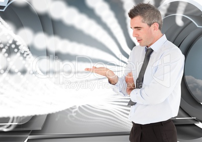 Composite image of businessman opening his hand against futuristic background