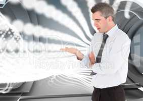 Composite image of businessman opening his hand against futuristic background