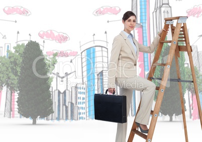 Composite image of Business woman on a Ladder against city drawing on background