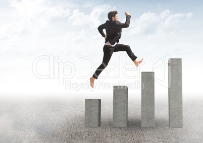 Composite image of Businessman climbing on graph post against sky