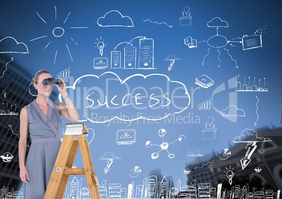 Businesswoman on a Ladder looking at the future against a blue background