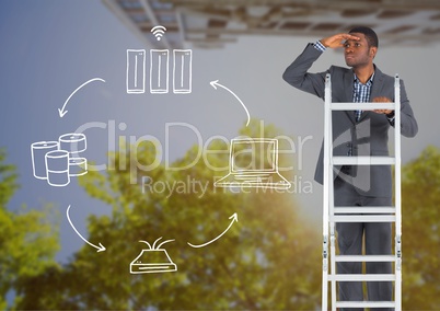 Businessman on a Ladder looking at the future against a city background