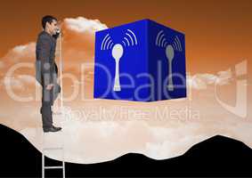 Businessman on a Ladder with blue icon against an orange landscape background