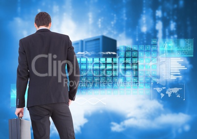 Businessman Standing looking at Graphic against a blue background