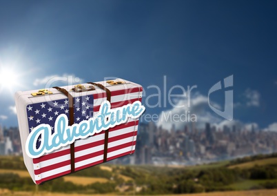 American Flag Luggage against mountain background