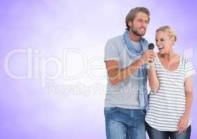 Happy Couple Singing against a lavender background