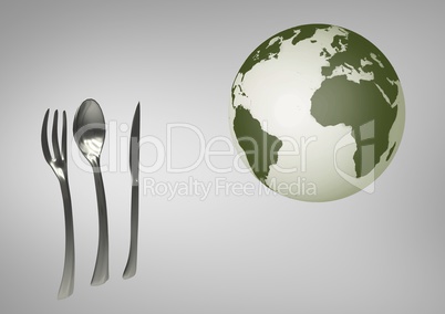 Composite image of globe next kitchen utensils against grey background