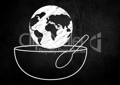 Composite image of a globe on a Food Bowl with Spoon against a black background