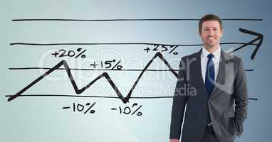 Businessman Standing behind Graph against a blue background