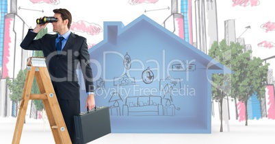 Composite image of Business man looking his objectives against a home and city picture