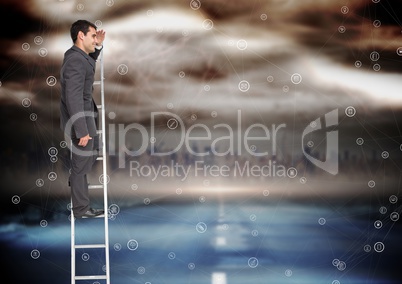 Businessman rising a ladder against a colorful background