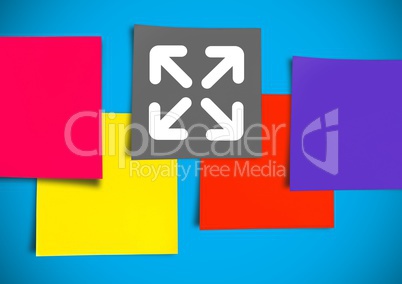 Composite image of Post-it on a wall with one having arrows against a blue background