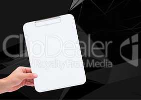 Composite image of Hand Holding Clipboard against a black background