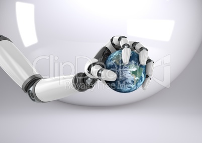 Composite image of Robotic hand holding Earth World against a neutral background