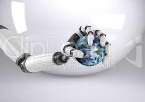 Composite image of Robotic hand holding Earth World against a neutral background