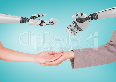 Composite image of Human hands and robotic hands against a neutral blue background