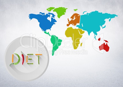 Composite image of Diet food text on a plate against a world map background