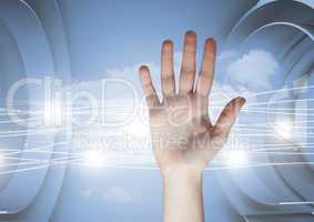 Composite image of open Hand against a Futuristic Electric sky