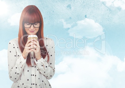 Composite image of red-headed woman with coffee against sky with flare