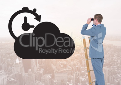 Composite image of Businessman on a Ladder looking at his objectives against city view