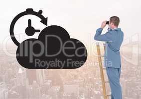 Composite image of Businessman on a Ladder looking at his objectives against city view