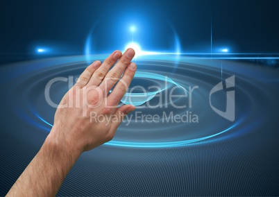 Composite image of Hand Touching Orb Sphere against blue background