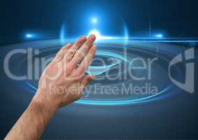 Composite image of Hand Touching Orb Sphere against blue background