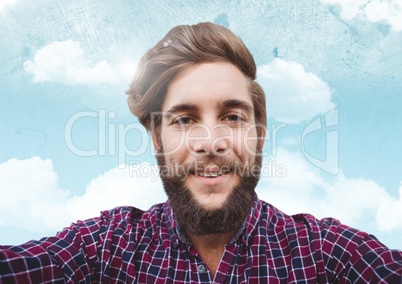 Composite image of man smiling against sky with flare