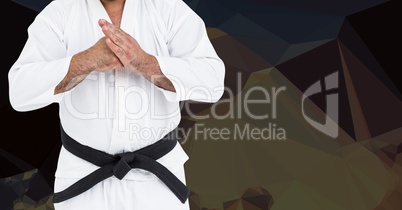 Composite image of karateka doing kung fu against dark background