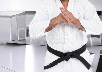 Composite image of karateka doing kung fu against white modern room
