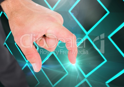 Composite image of Hand Touching light against graphic blue background