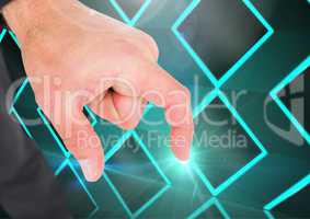 Composite image of Hand Touching light against graphic blue background