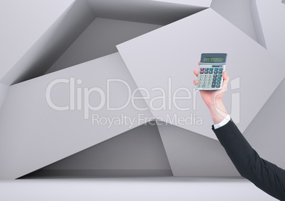 Composite image of Hand holding Calculator against modern background