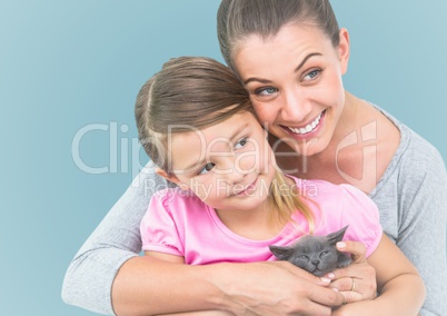 Composite image of mother embracing her daughter agaist neutral background