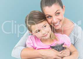 Composite image of mother embracing her daughter agaist neutral background