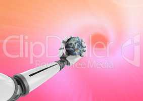 Composite image of robot hand holding earth against pink background