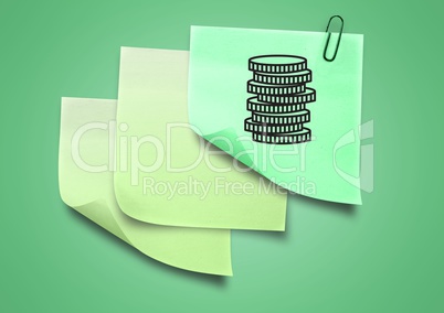 Composite image of green Sticky Note with Money Coins Icon