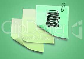 Composite image of green Sticky Note with Money Coins Icon