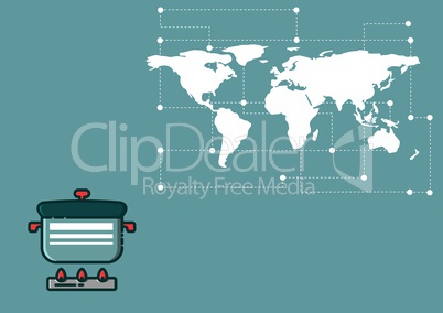 Composite image of cooking pot against world map on blue background