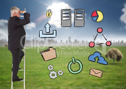 Composite image of Businessman on a Ladder looking at his objectives against rural background