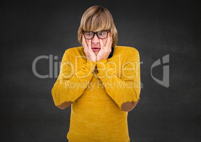 Composite image of stunned Man in yellow against grey background
