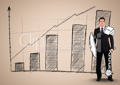 Businessman with an Armour Standing in front of Graph against neutral background